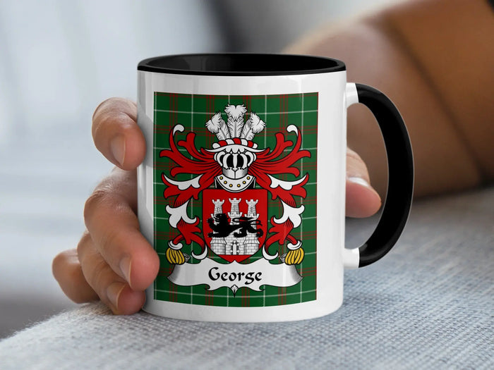 George Welsh family crest mug on Welsh National Tartan with black handle