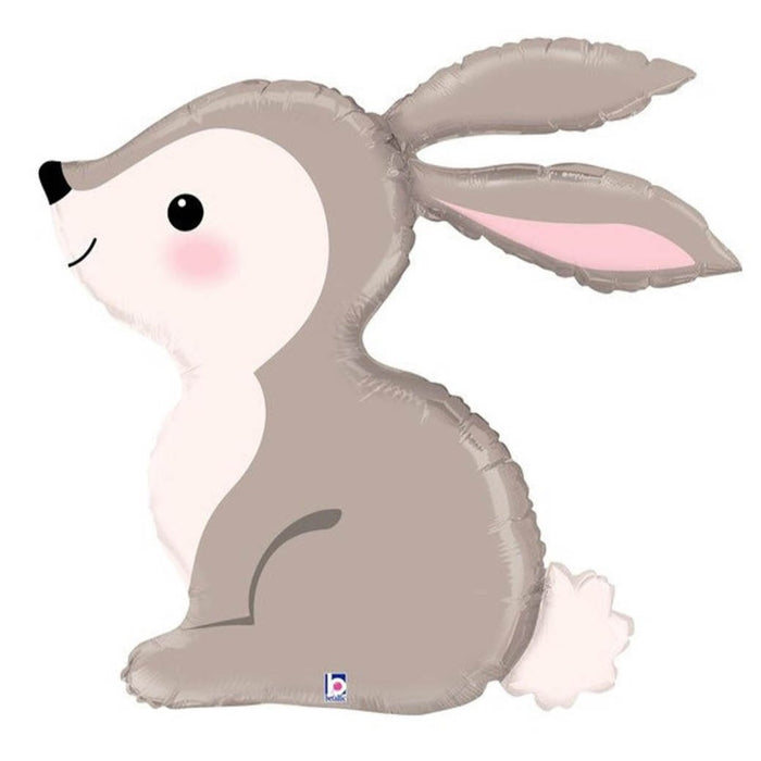 A gray bunny-shaped balloon with a smiling face, depicted in a sitting position with its ears perked up and a white tail.