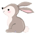 A gray bunny-shaped balloon with a smiling face, depicted in a sitting position with its ears perked up and a white tail.