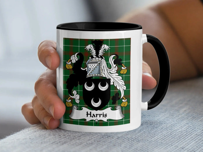 Harris Welsh family crest mug on Welsh National Tartan with black handle