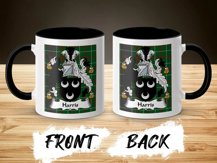 Harris Welsh surname coffee mug front and back showing coat of arms on tartan