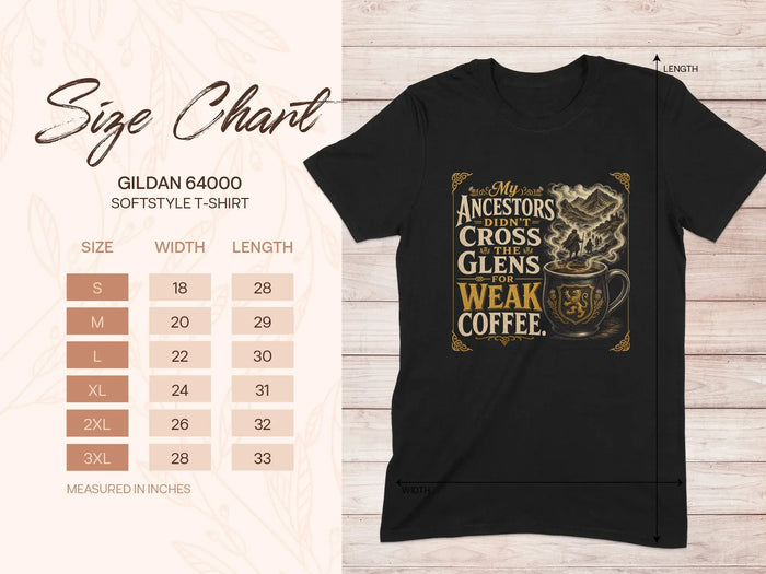Gildan 64000 softstyle t-shirt size chart with detailed measurements.