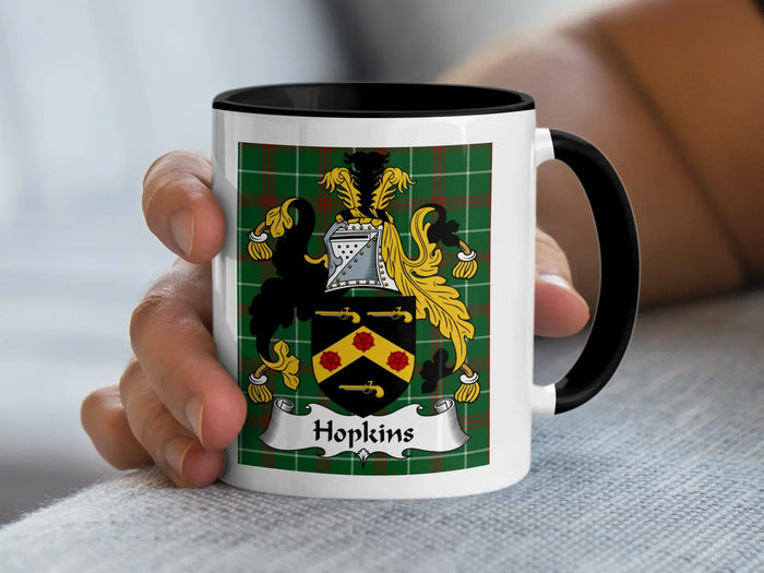Hopkins Welsh family crest mug on Welsh National Tartan with black handle