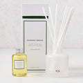 Hudson Grace Aspen Scented Reed Diffuser set: frosted white glass vessel, 6 white reeds, oil bottle, and white box.
