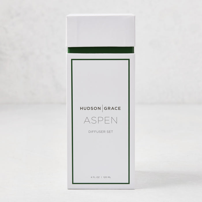 Hudson Grace Aspen Scented Reed Diffuser set in white box with green trim, 4 fl oz.