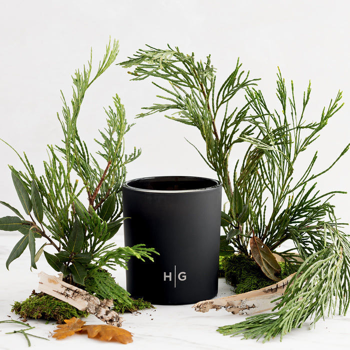 Hudson Grace Bleecker 3-Wick Candle in a matte black glass vessel with HG logo, surrounded by green foliage and birch bark.