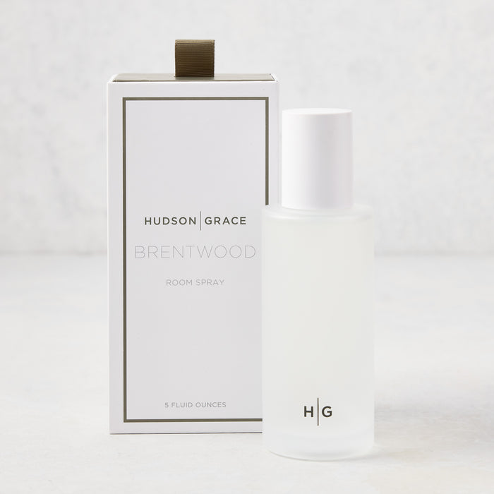 Hudson Grace Brentwood Room Spray, 5 oz frosted glass bottle with white cap, next to its white box.