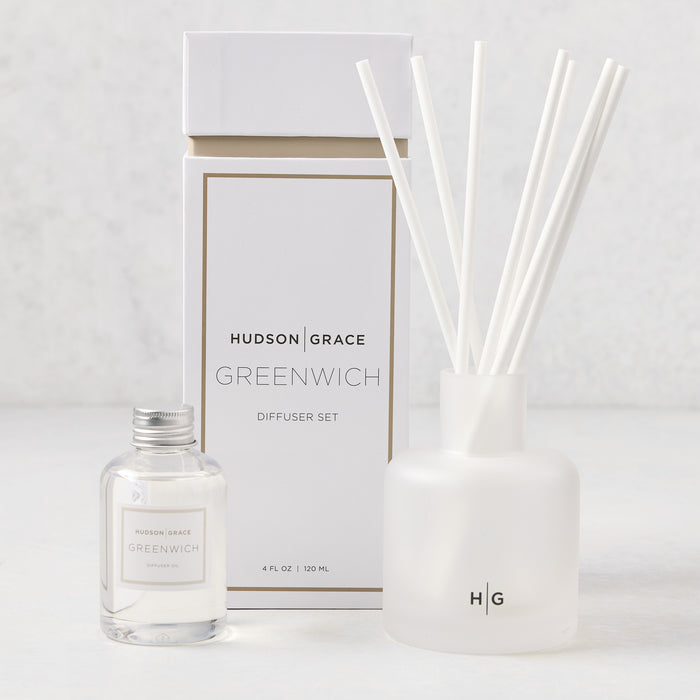 Hudson Grace Greenwich Diffuser Set with frosted glass bottle, white reeds, and oil refill bottle.