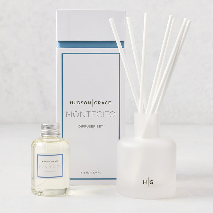 Hudson Grace Montecito diffuser set with frosted white glass bottle, white reeds, and 4oz oil refill.