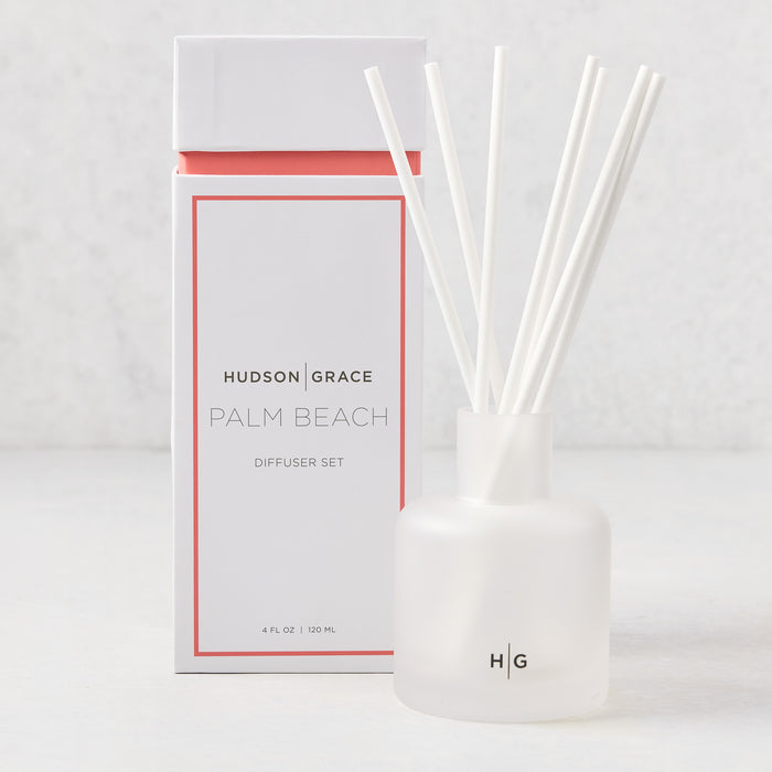Hudson Grace Palm Beach Scented Reed Diffuser with frosted glass vessel, white reeds, and white box.