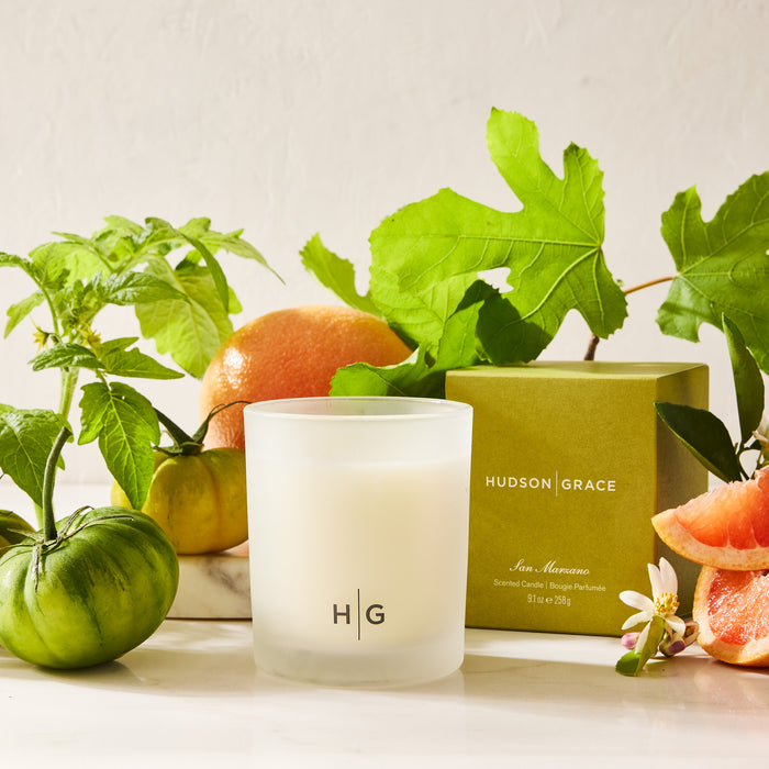 Hudson Grace San Marzano Scented Candle in a frosted glass vessel, with green box, grapefruit, and fig leaves.