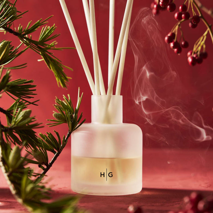 Hudson Grace Winter Scented Reed Diffuser: frosted glass vessel, 6 white reeds, amber oil, HG logo, pine, and red berries.