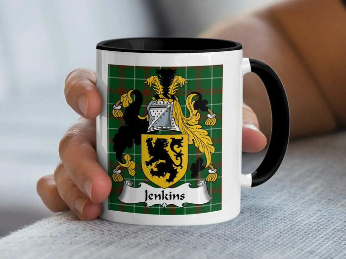 Jenkins Welsh family crest mug on Welsh National Tartan with black handle