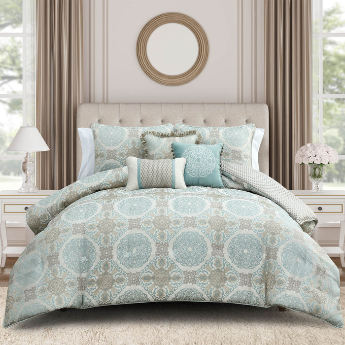 Jonet Cream/Aqua 3 Piece Comforter Set Comforter Sets By Waterford