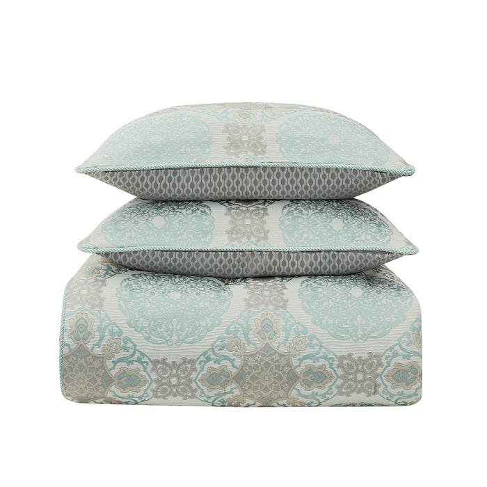 Jonet Cream/Aqua 3 Piece Comforter Set Comforter Sets By Waterford