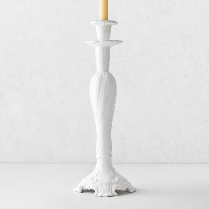 Large Tosca white ceramic candlestick with a glossy finish and ornate Italian-inspired design, 17 inches tall.