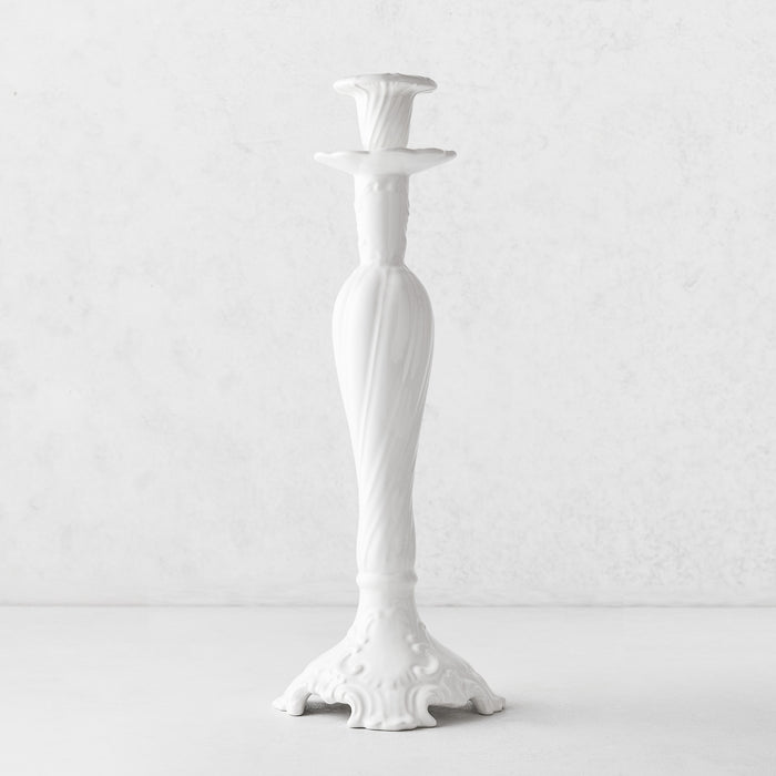 Large white ceramic candlestick with a tall, elegant twisted stem and decorative base, 17 inches high.