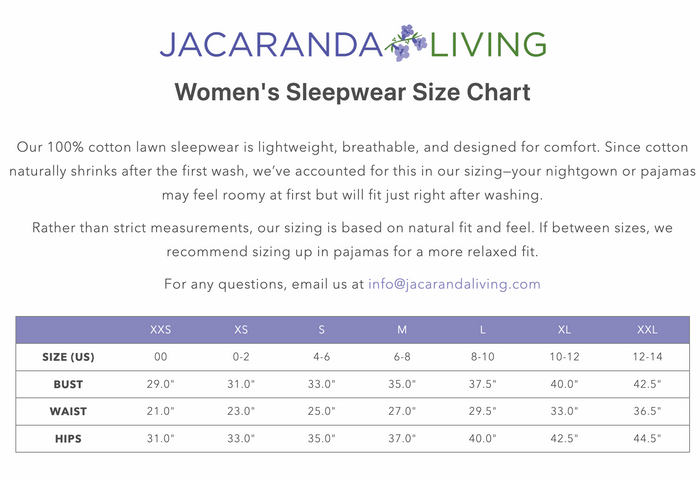 Jacaranda Size Chart