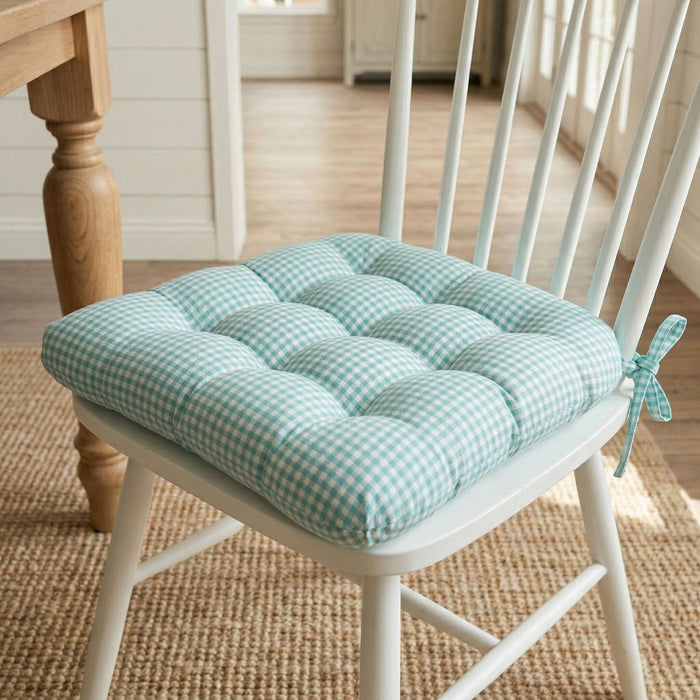 Madrid Aqua Gingham Dining Chair Pads - Made in USA - 100% Cotton - Machine Washable
