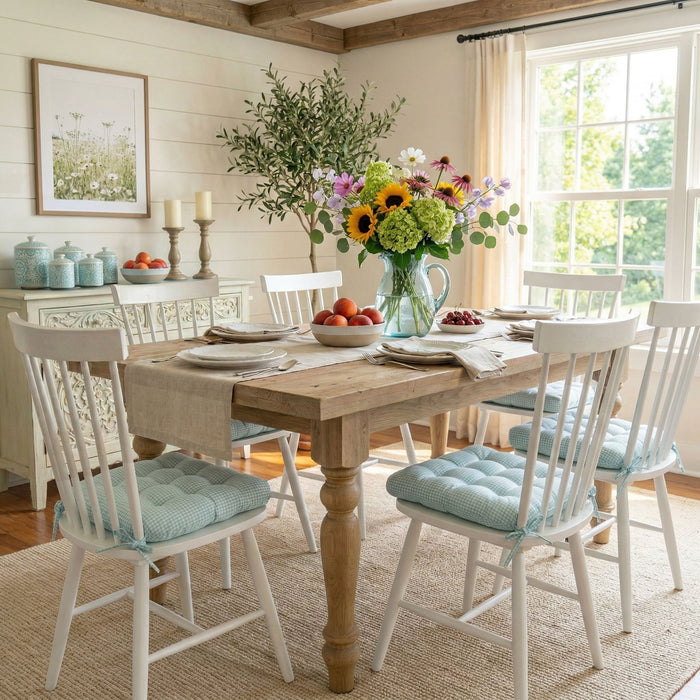 Madrid Aqua Gingham Dining Chair Pads - Made in USA - 100% Cotton - Machine Washable