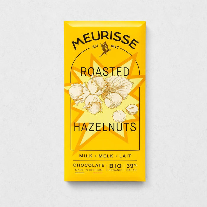Meurisse Roasted Hazelnuts Milk Chocolate bar in bright yellow packaging with hazelnut illustration.