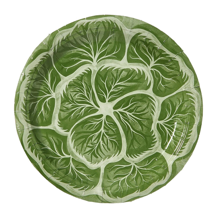 A round green disposable china plate designed to resemble a cabbage leaf.