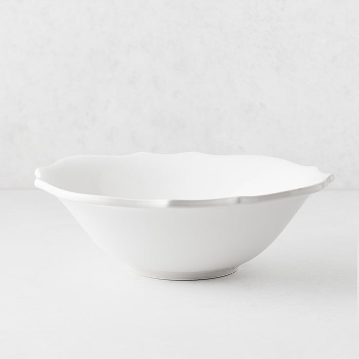 Large white ceramic serve bowl with softened, scalloped edges, 13.2-inch diameter, made in Italy.