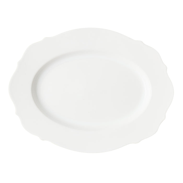 Large oval white ceramic serving platter with scalloped edges, 16.3-inch Italian-made design.