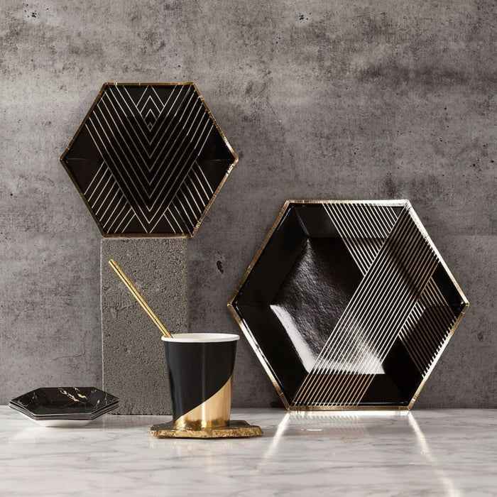 noir black and gold paper tableware set
