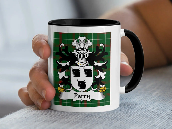 Parry Welsh family crest mug on Welsh National Tartan with black handle
