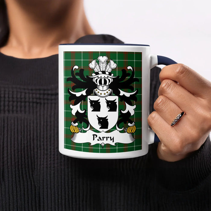 Parry Welsh ancestry gift mug with navy accent and family crest on green National Tartan