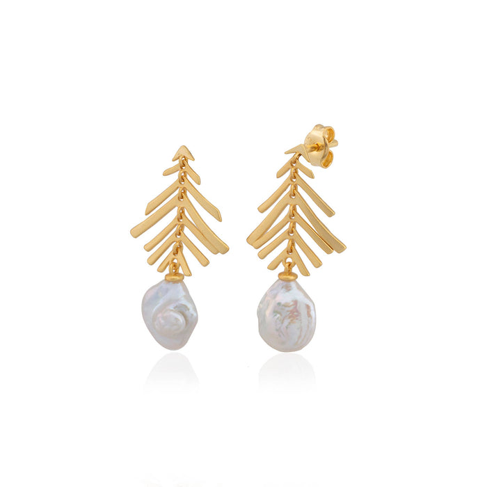 Pearl earrings with matte gold pine needle post