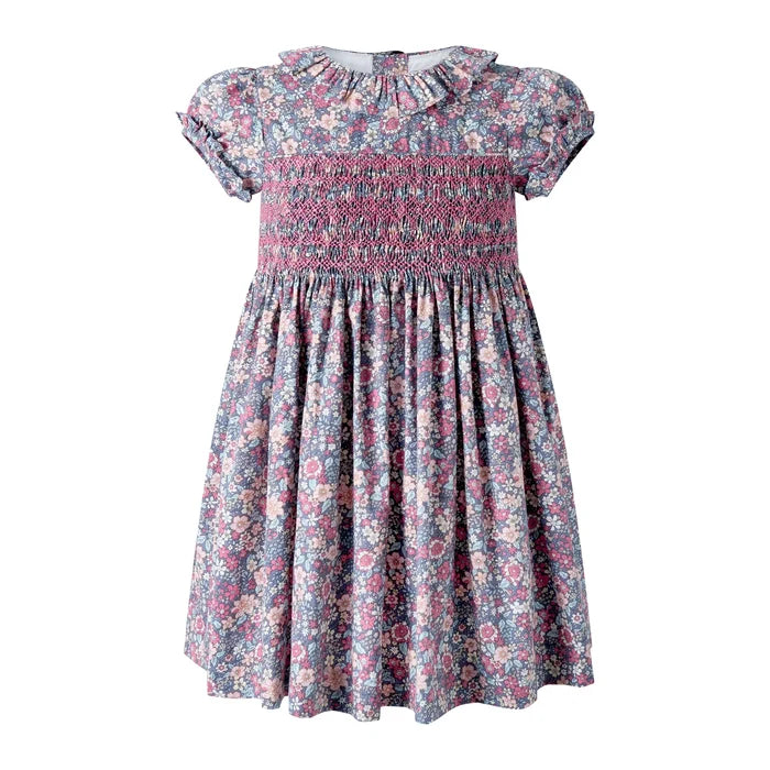 Rachel Riley Pink Grey Floral Smocked Dress
