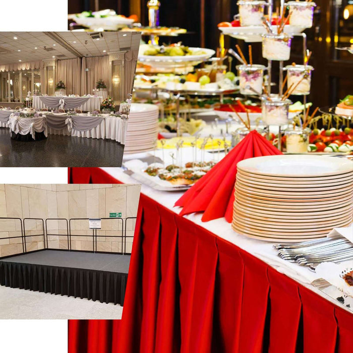 Event catering setup with tables, food displays, and red tablecloths.