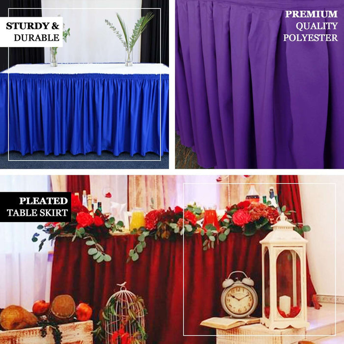 Pleated table skirts in various colors for events and decor.
