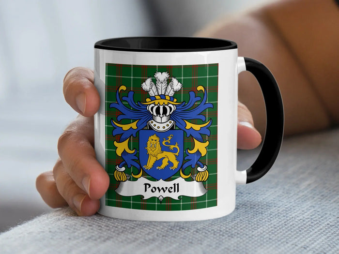 Powell Welsh family crest mug on Welsh National Tartan with black handle