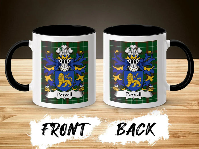 Powell Welsh surname coffee mug front and back with family crest on wooden surface