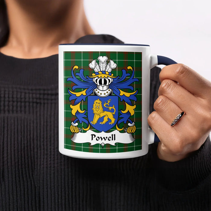 Powell Welsh ancestry gift mug with navy accent and coat of arms on National Tartan