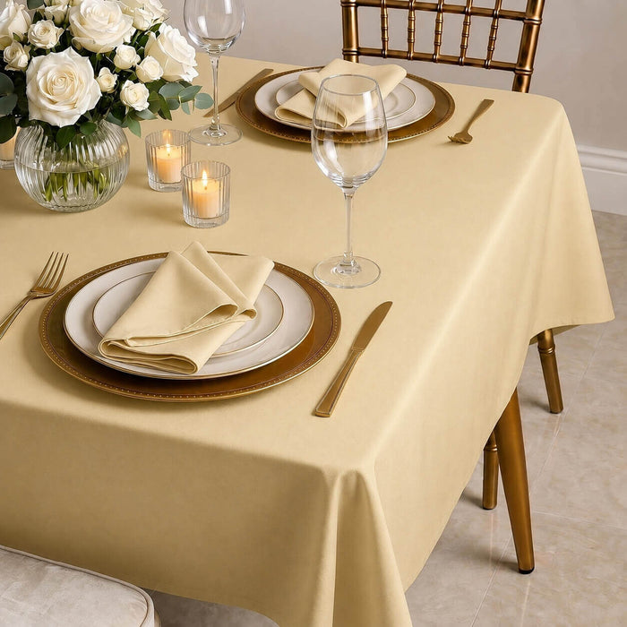 beige polyester rectangle tablecloth on dining table