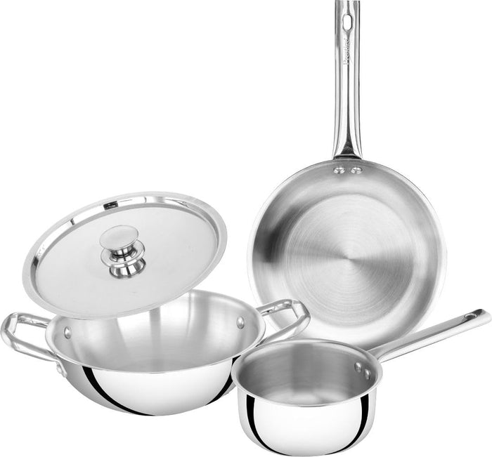 Prestige Triply Splendid 4 piece stainless steel cookware set on kitchen counter