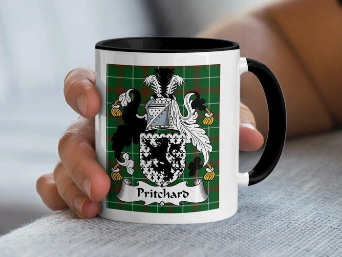 Pritchard Welsh family crest mug on Welsh National Tartan with black handle
