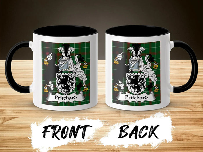 Pritchard Welsh surname coffee mug front and back view with coat of arms