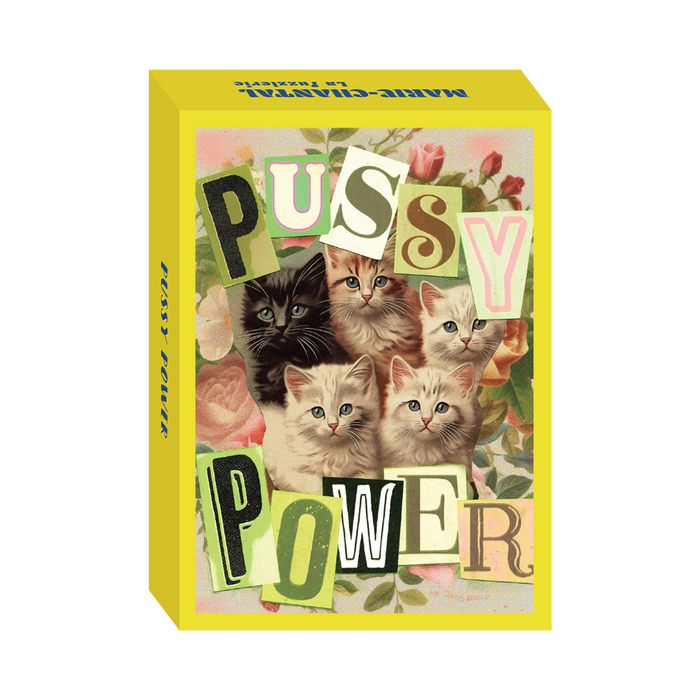 The Marie-Chantal Pussy Power | 99 Piece Jigsaw Puzzle features six kittens amid flowers on a yellow box with “Pussy Power” cut-out lettering. Made in France, it’s a charming choice for puzzle lovers.