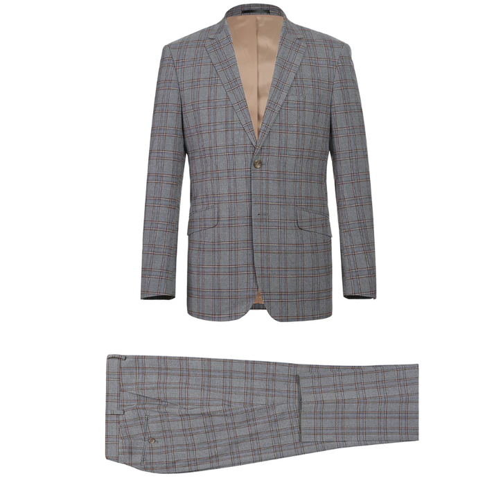 Raphael Grey Windowpane Check Slim Fit Stretch Notch Lapel Two Button Suit