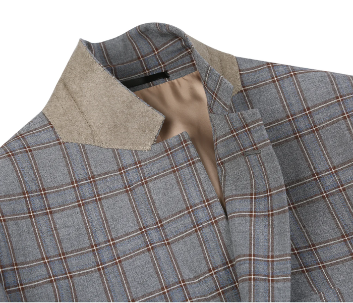 Raphael Grey Windowpane Check Slim Fit Stretch Notch Lapel Two Button Suit