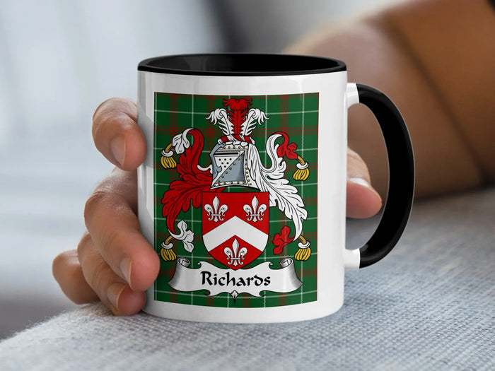 Richards Welsh family crest mug on Welsh National Tartan with black handle
