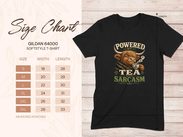 Gildan 64000 Softstyle t-shirt size chart with Highland cow graphic.