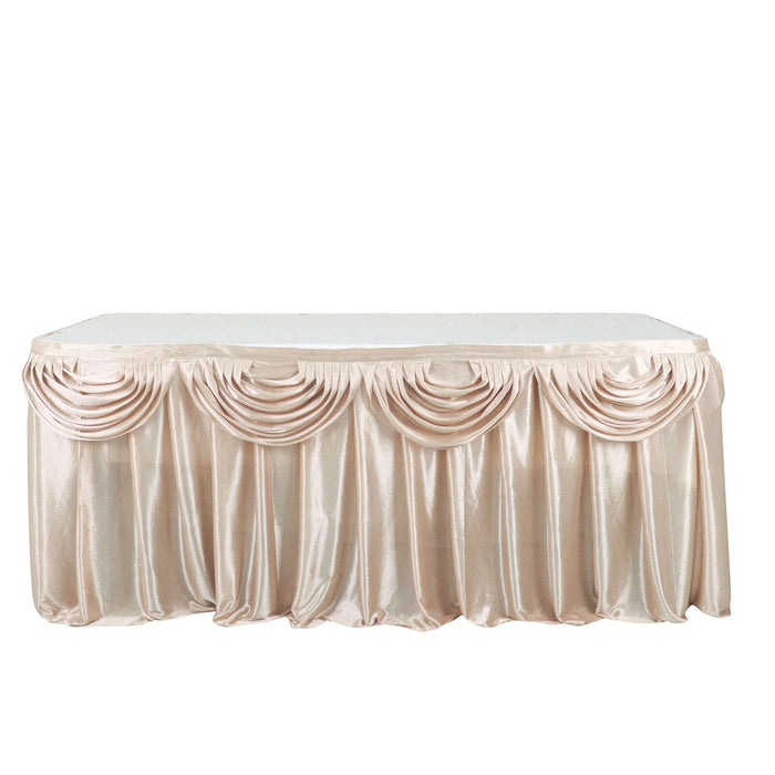 Elegant beige satin table skirt with draped design