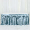 Silver satin table skirt with pleated design, ideal for event decor.