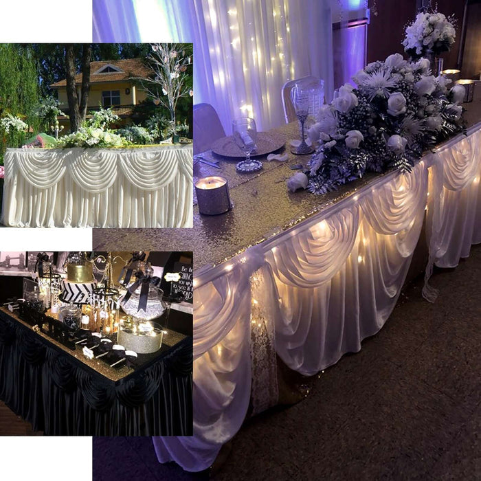 Elegant table decorations with draped fabrics and festive lighting for special events.